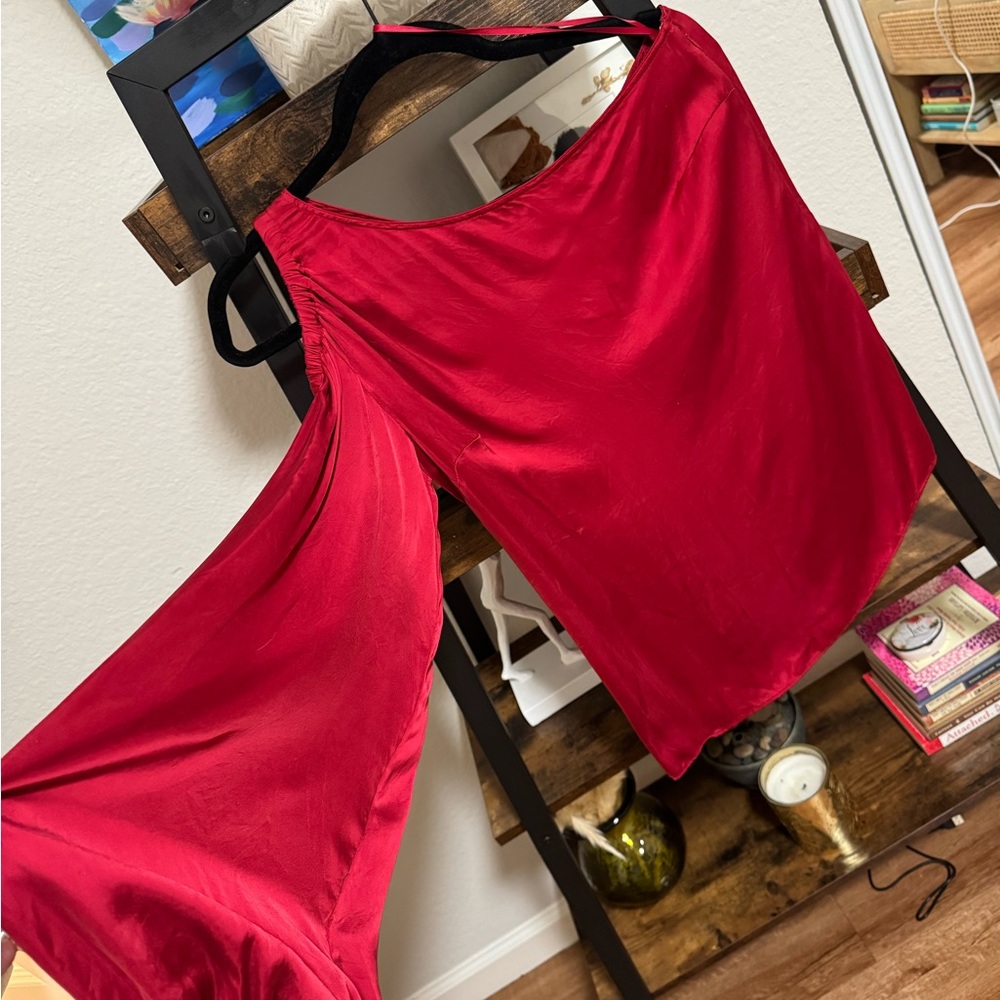 Elizabeth and James Silk Blouse Red Off Shoulder Top Statement Sleeve Luxury